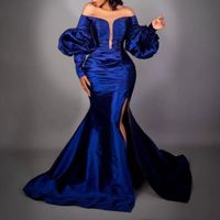 Wholesale Royal Blue Mermaid Evening Dresses Off Shoulder Puffy Long Sleeves Stain Plus Size Prom Dress wear Shining Sequins Beaded Formal Party Gowns