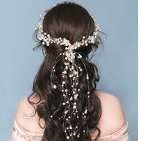 Wholesale KMVEXO Korean Handmade Crystal Pearl Long Tiaras Wedding Headband Headpiece Bridal Hair Piece Prom Pageant Accessories Girl Gift