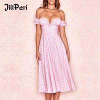 Wholesale JillPeri Off The Shoulder Midi Dress Summer Floral Side Open Vacation Holiday Outfit Short Sleeve Sexy Sundress