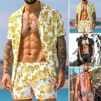 Wholesale Men s Tracksuits Men Thin amp Breathable Hawaiian Tropical Beach Outfits Sets Yellow Floral Printed Holiday Short Sleeve Two Pieces
