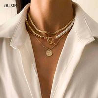 Wholesale SHIXIN Layered Pearl Beads Chain Choker Necklace for Women Snake Chains on Neck With Coin Pendant Necklaces Fashion Jewelry