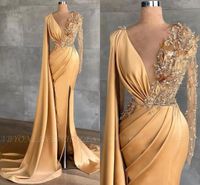 Wholesale Stunning Gold Yellow Evening Dresses Deep V Neck Sheer Long Sleeve Beaded Crystals Luxury Party Celebrity Gowns BC9469