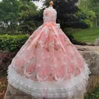 Wholesale Handmade Dog Apparel Pet Dress Birds Sing Vigorous Pink Embroidery Pearl Flowers Lace Skirt Dancing Party Tailing Wedding Gown