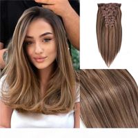Wholesale Premium Quality Human Hair Clip in Hair Extensions Highlights color mixed with Balayage color Clip on Hair Extensions g