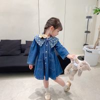Wholesale Girls denim dresses kids single breasted long sleeve cowboy dress lace hollow embroidery shawl sets children fall clothes