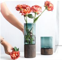 Wholesale Glass Nordic Vase for flower arrangement Dried flower Northern Europe Style Light Luxury Decoration with Wooden foundation RRD12038