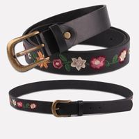 Wholesale Belts Classical Chinese Style Waist Belt Lady Embroidered Flowers Pu Leather Strap Bronze Alloy Buckle Jean Waistband