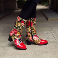 Wholesale shoes autumn and winter color matching flower ethnic wind side zipper round head thick high heel medium women s boot a972