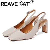 Wholesale Dress Shoes REAVE CAT Concise Pumps Leather Square Toe Ankle Strap Slingbacks Shallow cm Chunky Heel US8 Beige Brown A4280