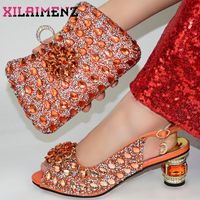 Wholesale Dress Shoes Arrivals Italian Design And Bag Set In Orange Color High Quality Decorate With Rhinestone For Wedding Party