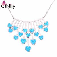 Wholesale Pendant Necklaces CiNily Cascading Glamour Blue Fire Opal Long Pendants Silver Plated Heart Love Luxury Cocktail Party Jewelry Woman