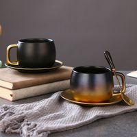 Wholesale Luxury Black Gold Ceramic Coffee Cup Espresso Coffee Tea Breakfast Milk Cup And Saucer Set With Spoon And Saucer Gift Box Set