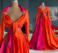 Wholesale Orange Fuchsia Shirt Evening Dresses Long Sleeve Sexy High Slit Crop Top African Aso Ebi Arabic Celebrity Prom Dress
