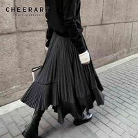 Wholesale CHEERART Grey Black Long Pleated Skirt Women High Waist Irregular Skirt Swing Frill Autumn Midi Skirt Gothic