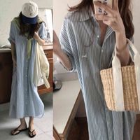 Wholesale Casual Dresses Women Summer Vitnage Cozy Long Striped Shirt Dress Oversized Single Breasted Maxi Sundress Batwing Sleeve MQUX