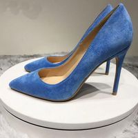 Wholesale Dark Blue Thin Heel Shoes Women Flock Pointed Toe Stiletto High Heels Sythenic Suede Slip On Pumps Lady Formal Dress Shoes Plus Size