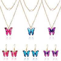 Wholesale Butterfly Colorful Double Layer Chain Pearl Pendant Necklace Female Temperament Elegant Insect Dangle Earrings Jewellery Sets