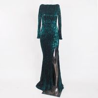 Wholesale Casual Dresses O Neck Long Sleeve Stretch Sparkle Zipper Split Sequin Evening Party Dress Full Length Lining Padded Maxi