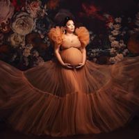 Wholesale Pretty Orange Tulle Ruffles Maternity Women Dresses Sexy See Thru Long Robes To Po Shoot Pregnancy Dress NO Bodysuit Casual