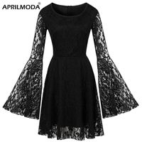 Wholesale Casual Dresses Black Gothic Lace Party Dress Long Flare Sleeve Halloween Goth Punk Vintage Retro Victorian Steampunk Mini Tunic Jurk Streetw
