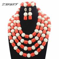 Wholesale Earrings Necklace Beautiful White Beads Jewelry Set Style African Nigerian Wedding Party Orange Coral HD8567