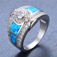 Wholesale Cluster Rings Boho Female Blue Opal Stone Ring Charm Zircon Silver Color Big Wedding Vintage Bridal Round Engagement For Women