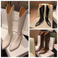 Wholesale 2021 Ann Black pointy knee high heels boots v toed leather Thick legs stylish solid pointed female women Thigh High knee Cowboy rider Fashion barreled stretch boot