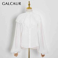 Wholesale GALCAUR Elegant Chiffon Shirts For Women Stand Collar Lantern Long Sleeve Ruffles Big Size White Blouse Female Fall Clothes Y0505