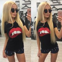 Wholesale high quality lady top Short Sleeve Round Neck Tee Sequined Sparkely Glittery Cozy Costume Lip Print Women T Shirt Fashion Summer Tops