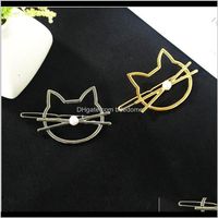 Wholesale Clips Barrettes Jewelry Drop Delivery Simple Line Figure Cat Head With Plastic Pearl Hairpin Gold Or Sier Plated For Women Girls Hair