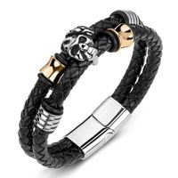 Wholesale Charm Bracelets Braided Genuine Leather Men Stainless Steel Rose Flower Skull Bangles Punk Skeleton Jewelry Male Wristband Gifts P190