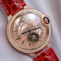 Wholesale 36mm Paved Diamonds Dial Automatic Tourbillon Womens Watch Rose Gold Diamond Bezel Roman Markers Red Leather Ladies Bling Jewelry Watches Sapphire Puretime b2