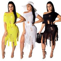 Wholesale White Black Yellow Skirts Set Women Sexy Club Pc Dresses Hole Frayed Short Sleeve Crop Top Side Split Mini Skirts Outfits Knit Two Piece