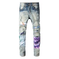 Wholesale Design man Slim leg Whiten Hole Scratching Fashion Mans Jeans Purple Sewing patch Hip Hop Biker Pants