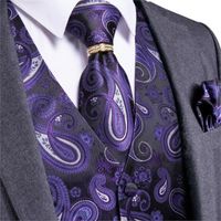 Wholesale Men s Vests Wedding Party Purple Vest Paisley Floral Jacquard Waistcoat Men Necktie Handkerchief Ring Hanky Cufflinks Set DiBanGu