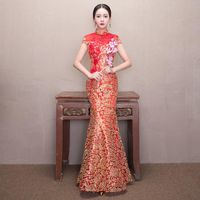 Wholesale Bride Wedding Dress Women Red Chinese Qipao Fishtail Tracitional Cheongsam Party Evening Long Ethnic Clothing