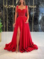 Wholesale Party Dresses A Line Prom Robe Cocktail Gown Fall Wedding Slit Red Sequins Vestido Spaghetti Strap Full Length Evening Dress Bridal