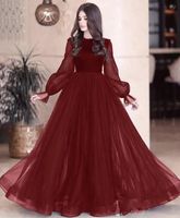 Wholesale plus size dark red evening gowns bateau long sleeves spot tulle prom formal dress lavender dress vestaglia donna muslim dress women