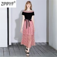 Wholesale Candy Color Fashion Women Sexy Dresses Boat Neck Short Sleeve Dot Printing Ball Gown Chiffon Beach Bow Design Z2200