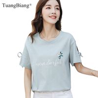 Wholesale Flower Letter Embroidery Loose Woman Cotton T Shirts Lace Up Split Short Sleeve Summer Tshirt Gray Green Female O Neck Tops