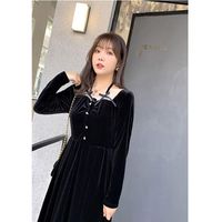 Wholesale Casual Dresses Fashion Over Large Size Korean Velvet Bowknot High Waist Black Dress Square Collar Trimmed With Laces Pearl Buttons XL XL