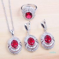 Wholesale Earrings Necklace Russian Style Rose Red Zirconia Wedding Jewelry Set Crystal Pendants Earring Ring For Women Luxury Party