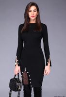 Wholesale Casual Dresses KLEEZY Factory Outlet Bandage Dress Black Beading Knitted Slit Long Sleeve Mini Bodycon Party Women Evening HL4167