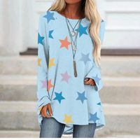 Wholesale Women s Top T shirt Star Long Sleeve Printed Round Neck Loose Basic Clothes White Pink Blue