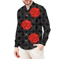 Wholesale Men s Casual Shirts Cottagecore Red Rose Floral Print Sky Blue For Men Fall Plus Size Clothing Fashion Long Sleeve Shirt