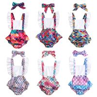 Wholesale Kid Girl Romper Bow Headband Mermaid Fish Scale Print Suspender Outfit Summer Short Sleeve Ins Clothes