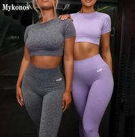 Wholesale Fashion Sport Set Women Gray Purple Two Piece Crop Top High Waist Leggings Sportsuit Workout Outfit Fitness Gym Yoga Sets