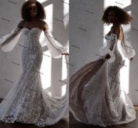 Wholesale 3D Lace Floral Mermaid Wedding Dresses with Detachable Puffy Sleeve Sexy Sweetheart Beach Country Boho Bridal Dress vestidos
