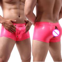 Wholesale Underpants Men Sexy Faux Leather Boxer Big Pouch Lingerie Front Button Open BuBackless Shorts Underwear Male Panties