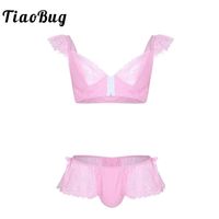 Wholesale Bras Sets TiaoBug Men Soft Lace Pink White Sissy Lingerie Set Spaghetti Straps Bra Top With Thong Briefs Erotic Sexy Underwear